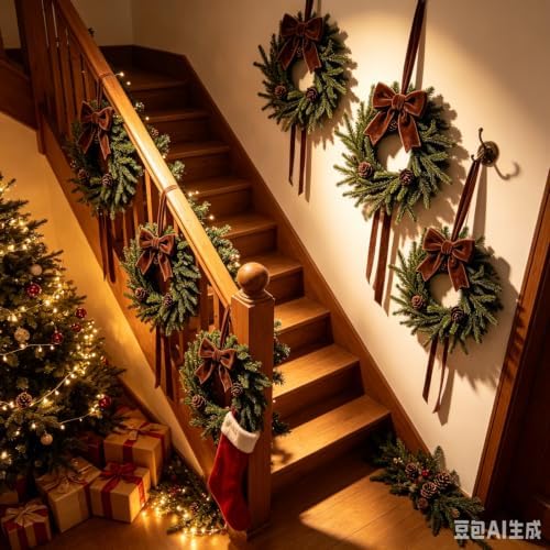 6 Set Classic Christmas Hanging Wreaths Small Artificial Cedar Wreaths with Brown Velvet Ribbon Pine Cones Mini Faux Greenery Wreath for Front Door Porch Cabinet Window Xmas Holiday Decorations - Image 5