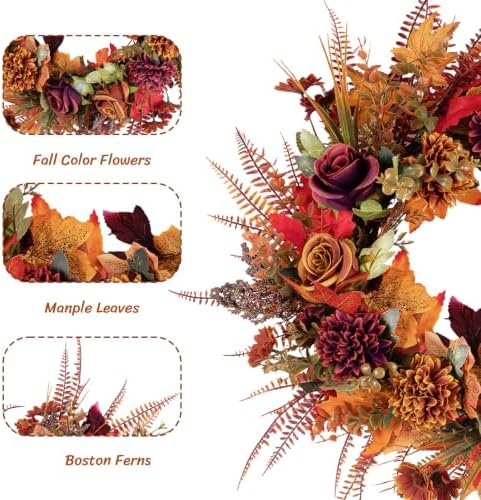 Fall Wreaths for Front Door 22 Inch Autumn Wreath with Burnt Orange Chrysanthemum Peonies Flowers Maple Leaves Farmhouse Fall Wreath for Outdoor Porch Window Thanksgiving Harvest Decor - Image 6