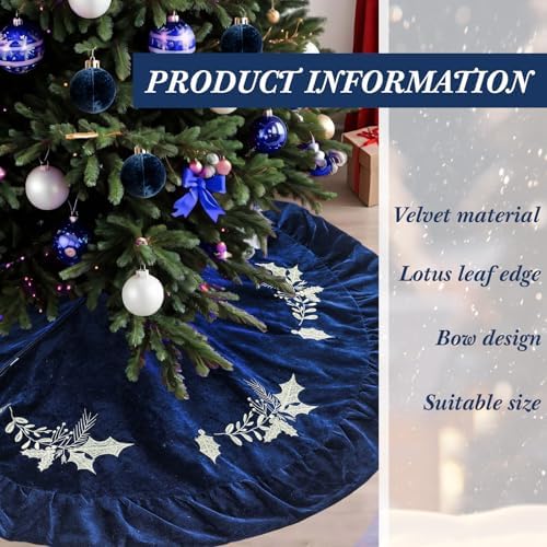 Christmas Tree Skirt, 48 Inches, Gold Embroidered Holly Style, Navy Blue - Image 3