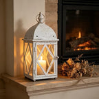 17" Vintage Distressed White Metal Lantern, Glass Paneled Hanging Candle Lantern, Rustic Farmhouse Decor for Indoor & Outdoor Patio, Garden, Wedding & Entryway Display - Image 4