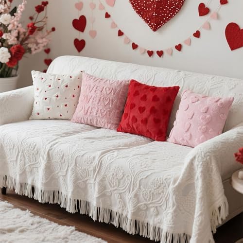 Tiamon 4 Pcs Valentines Throw Pillow Covers 18 x 18 Inch 3D Embroidered Plush Pink Red Hearts Pillow Cases Valentine's Day Love Fluffy Faux Fur Cushion Covers for Sofa Couch Wedding Anniversary Party - Image 5