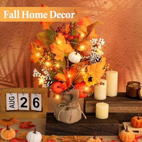 2 Pack Thanksgiving Fall Tabletop Tree Decor Fall Maple Tree with Pumpkins Pinecones LED Battery Operated Rustic Burlap Base Artificial Tabletop Trees for Home Office Autumn Decor - Image 4