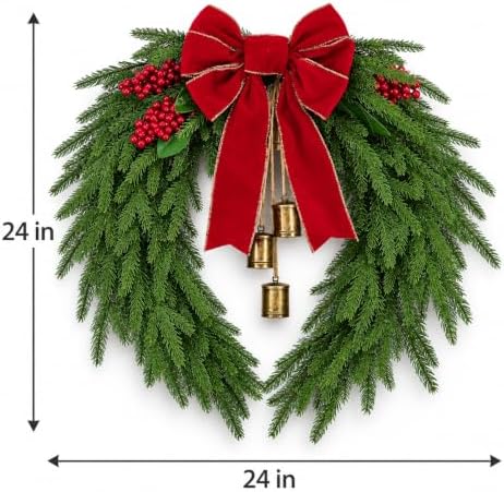 JarThenaAMCS Christmas 24 Inch Large Wreath with Red Velvet Bow Metal Bells Real Touch Norfolk Pine Wreath Faux Greenery Realistic Wreaths for Xmas Front Door Wall Window Mantel Holiday Decor - Image 2
