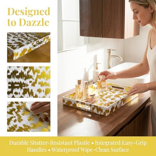 White & Gold Glitter Abstract Serving Tray with Handles, 15.8”x11.7”x1.6” Rectangular Decor Tray – Multipurpose for Breakfast in Bed, Bathroom Vanity, Living Room & Entertaining - Image 6