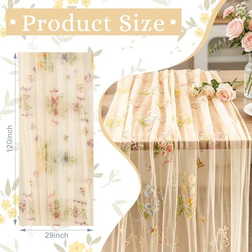 BINBE 12pcs Champagne Florals Table Runner Embroidery Gauze 10FT Daisy Seasonal Tulle Birthday Wedding Holiday Kitchen Dining Table Decor for Home Party - Image 2