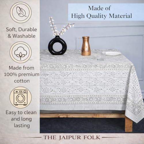 Floral Rectangle Table cloth | 100% Cotton Hand Block Printed Thanksgiving Spring Table Cover| Dust Proof Wrinkle Resistant, for Dining , Kitchen, Festive, Parties, Weddings (Grey White, 72x108 inch) - Image 2