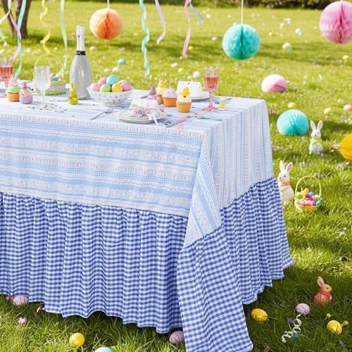 Easter Tablecloth Blue Rabbit Ruffle Table Cloth - 80 x 120 Inch Waterproof Tablecloths Rectangle Washable Polyester Bunny Flowers Table Cover for Birthday Wedding Dinner Picnic Party Decoration by Fanqisi