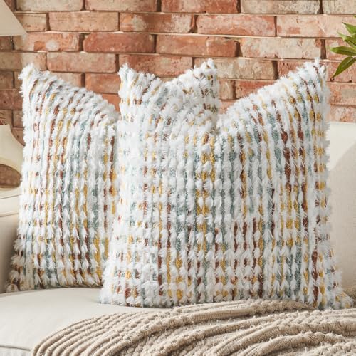 AmHoo Set of 2 Boho Chenille Pillow Cover Decorative Tufted Pillowcase for Couch Bed Sofa Bedroom Living Room Modern 18 x 18-Inch Brown White - Image 4