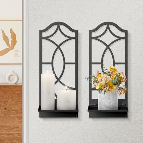 Candle Wall Sconces Set of 2, Black Metal Wall Art Decor for Living Room, Dining Room, Bedroom, Bathroom (16.5 x 7 in) by Sokurdeg