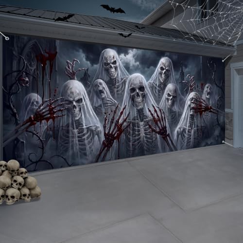WovWeave 7 x 16 Ft Halloween Garage Door Cover Banner, Skull - Image 7