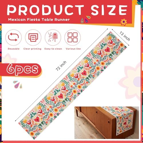 Gilprop 6 Pcs Mexican Fiesta Table Runner Mexico Cinco De Mayo Party Decoration 13 x 72 Inch Dia De Los Muertos Table Decoration Supply for Home Party Kitchen Dining Decor - Image 2
