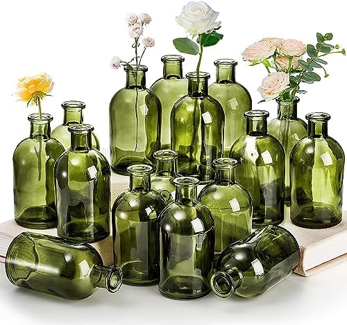 YOUEON 16 Pack Green Glass Bud Vases, Small Bud Vases in Bulk, Glass Flower Vases for Centerpieces, Vintage Decorative Bottle Vases for Flowers, Home Decor, Wedding Reception, Office by YOUEON
