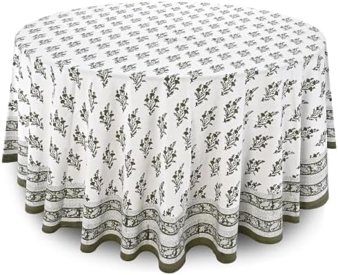 Ridhi Hand Block Print Round Tablecloth Natural Spring 110 Inch 100% Cotton by Ridhi