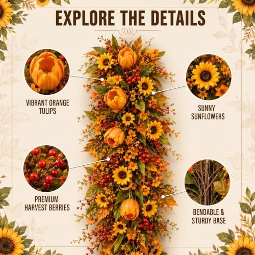 Suncalla 6ft Fall Garland for Mantle, Autumn Artificial Tulip Daisy Garland - Image 6