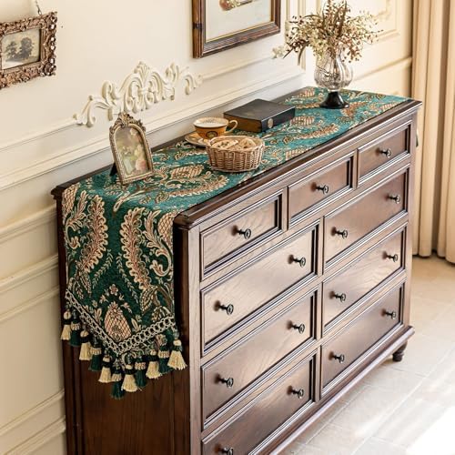 Floral Chenille Dresser Runner 55" Non-Slip with Tassels, Green - Image 2