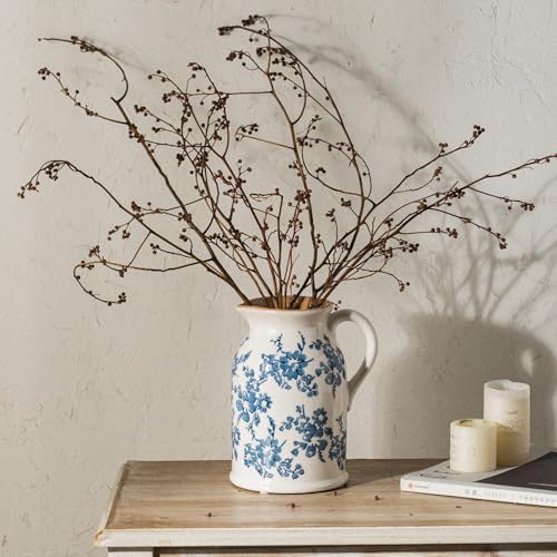 Blue and White Pitcher Vase, 8 Inch Vintage Chinoiserie Ceramic Flower Vase, Rustic Retro Ice Cracked Antique Porcelain Vases for Home Farmhouse Table Centerpieces Shelf Decor - Image 3