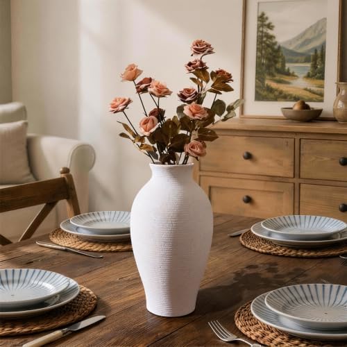 Ceramic Flower Vase Home Decor, 11 in Farmhouse Table White Vases Rustic Vintage Living Room Kitchen Bedroom Decorations Pottery Decorative Vases for House Shelf Office Coffee Desk Dining Fireplace - Image 2