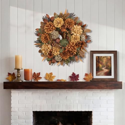 24" Fall Wreaths for Front Door with Mums Dahlias Queen Anne's Lace - Image 2