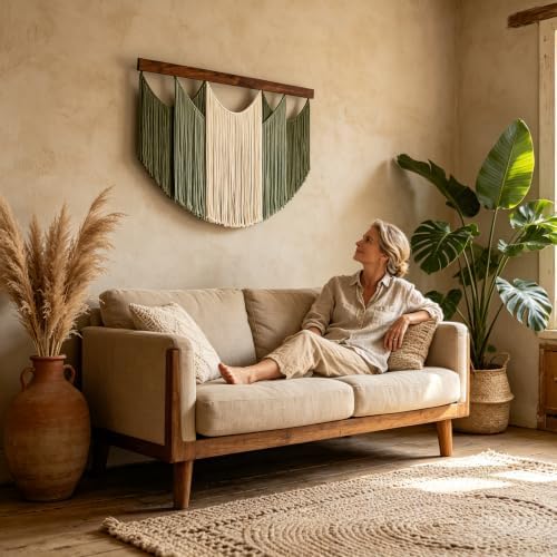 Large Boho Wall Art Decor, Macrame Wall Hanging Tapestry Handmade Cotton Yarn Dip Dyed Ombre for Living Room Bedroom Above Bed Headboard, Green Beige Sage 47.2 x 33.5 Inches Boho Home Decor Gift - Image 7
