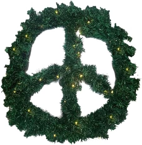 Funny Guy Mugs Peace Sign Wreath - Pre-Lit Indoor or Outdoor Christmas Wreath for Front Door - Fall or Thanksgiving Wreath with Lights - 24" Diameter - PVC Material - Green - Image 3