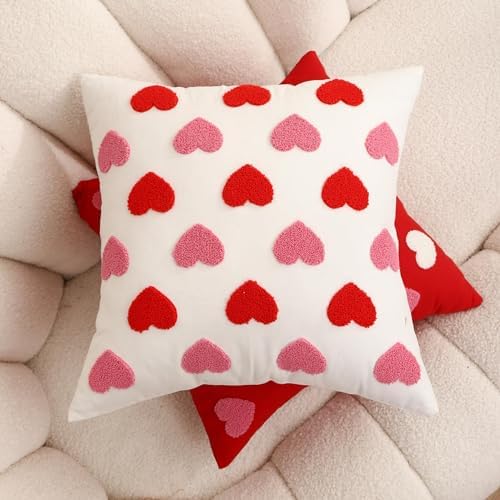 Valentines Day Throw Pillow Covers 20x20 Set of 2 Heart Love Couples Decorations Embroidery Cushion Covers Home Decor for Couch Lover Girlfriend Sofa Bedroom, White Red Pink - Image 4