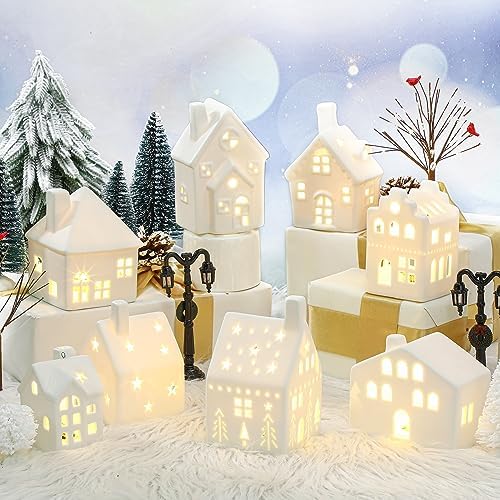 Cindeer 26 Pcs Ceramic Christmas Village Set LED Lighted White,Classic by Cindeer