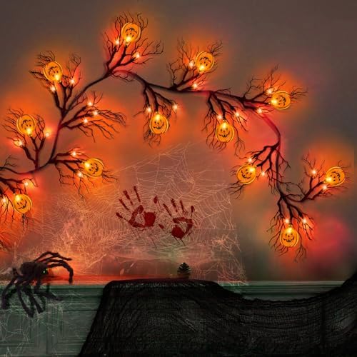 [ 8 Modes & Timer ] 6 Ft 45 LED Halloween Willow Vine Twig Garland Decorations with 15 Pumpkins Orange Lights, Battery Operated Waterproof Halloween Decorations for Home Wall Mantle Fireplace Decor - Image 4