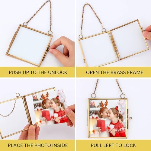 Qunclay 6 Pcs 2x3” 3x2” Christmas Brass Picture Frame Ornaments Xmas Metal Double Glass Hanging Photo Frame with Metal Chain for Christmas Tree Decorations(Gold) - Image 4
