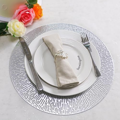 Snowkingdom Silver Round Placemats Set of 8, 15 Inch Metallic Vinyl Round Place Mats, Easy Clean Non Slip Heat Resistant Washable PVC Hollow Dining Table Mats for Wedding Party Christmas Decoration - Image 6