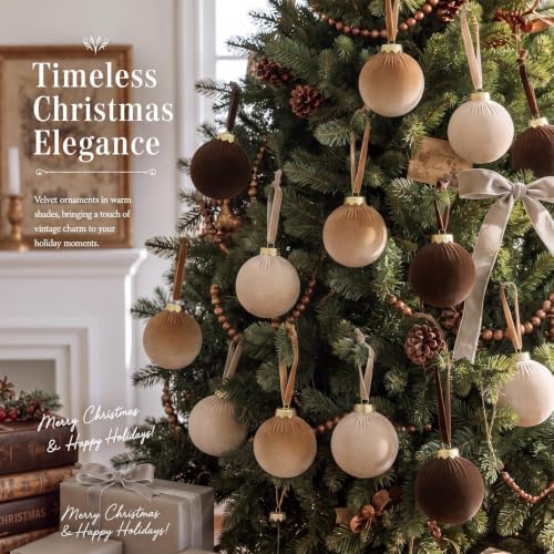 Simgoing 15 Pcs Neutral Velvet Christmas Ball Ornaments 3.15 Inch Brown Beige Polka Dot Flocked Xmas Ornaments with 10 Yards Velvet Ribbon Baubles Shatterproof Christmas Decoration for Holiday - Image 5