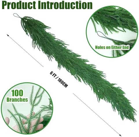【Extra Full】 2Pcs 6FT Christmas Norfolk Pine Garland, Total 12ft Greenery Real Touch Decorations for Mantle Table Staircase Fireplace Mantel Porch Holiday Home Faux Xmas Indoor Outdoor Decor - Image 4