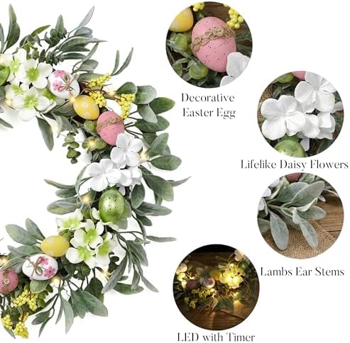 Valery Madelyn 24'' Collapsible Lighted Easter Wreaths for Front Door, Pre-lit Spring Door Wreath with Pastel Eggs, Daisy Flowers & Silk Lambs Ear Leaves, Farmhouse Indoor Outdoor Wall Window Decor - Image 5