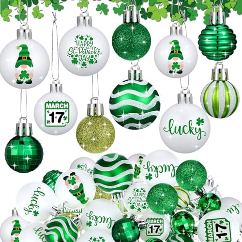 VIHOSE 40 Pcs St. Patrick's Day Ball Ornament-Lucky Shamrock Ornaments for Tree,Green White Clover Hanging Decorations,Assorted Plastic Hanging Balls Decors for Irish Festival Home Party Festival by VIHOSE