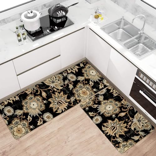 Boho Kitchen Mat Set of 2,Black Paisley Floral Kitchen Rugs and Mats Non Skid Washable,Bohemia Farmhouse Runner Rugs with Rubber Backing for Kitchen Decor Accessories (17"x47"+17"x30") - Image 2