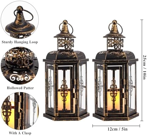 JHY DESIGN Decorative Candle Lanterns Set of 2 10" H Vintage Hanging Lanterns Metal Candleholders for Indoor Outdoor Home Parities and Weddings (Black with Gold Brush) - Image 3