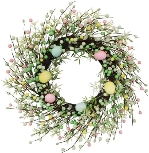 20" Easter Wreath – Pink, Green Yellow Berry & Egg Wreaths for Front Door, Spring Easter Wreath Door Decor Outdoor Indoor by BINFEN