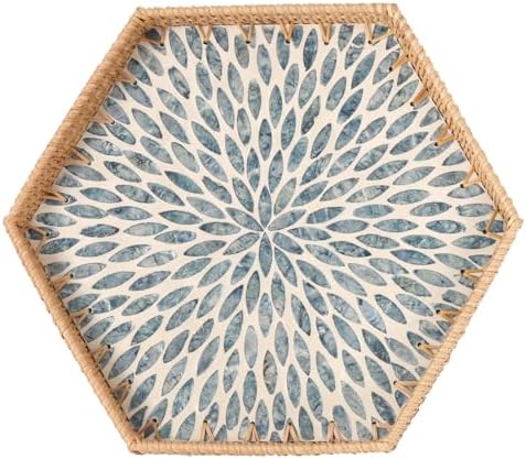 Hexagon Rattan Tray with Mother of Pearl Inlay, Rattan Serving Tray for Coffee, Bread, Fruits, Snacks, Decorative Wicker Tray for Table Decor, Home Decor (Light Blue Leaves, 14.5"×12.8") by Tynulox