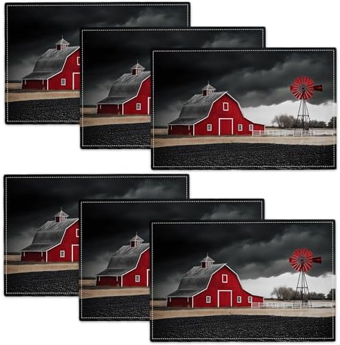 Farmhouse Placemats Set of 6, Black and Red Place Mats, Rustic Wipeable Washable Table Mat for Kitchen Dining Home Decor Linen Plate Mat 18x12 Inch by Unknown