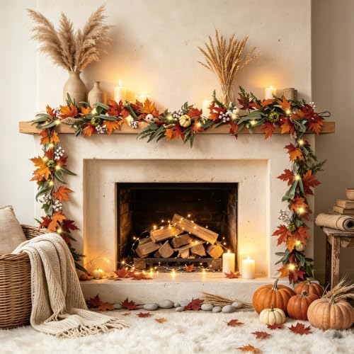 Fall Garland with Lights for Mantel, 6FT Realistic Fall Decor - Image 2