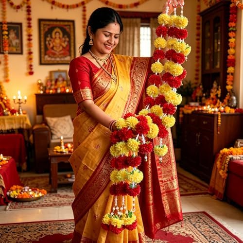 Marigold Garland Hindu Diwali Wedding Toran Flower Hanging Pooja Decor 3PCS - Image 2