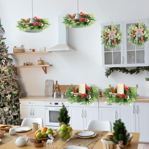 8 PCS Christmas Mini Cabinet Wreath for Kitchen with Ribbon Artificial Eucalyptus Cedar Hanging Garland with Red Whilt Berries Pine Cones for Swag Table Centerpiece Door Window Chair Wall Winter Decor - Image 5