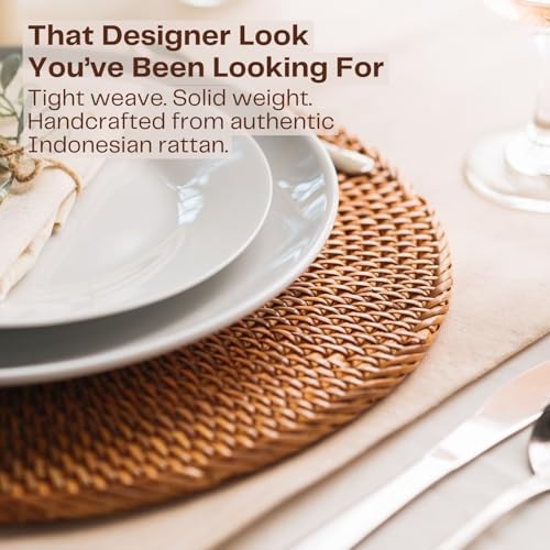 6-Pack Rattan Placemats - 13-inch Round Placemats (Smoky Brown) - Smoked-Cured Woven Place Mats, Round Table Mats - Wicker Chargers for Dinner Plates, Plate Chargers Boho - Kitchen Table Decor - Image 2