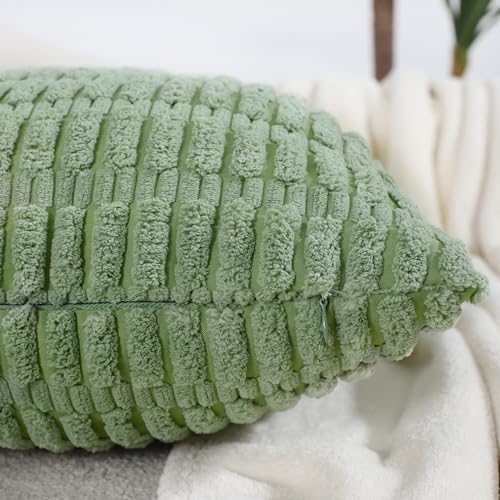 All Smiles Decorative Sage Green Throw Pillow Covers 18x18 Set of 4 Farmhouse Rustic Boho Home Decor Soft Plush Striped Corduroy Square Cushion Case for Living Room Couch Bed Sofa - Image 3