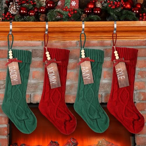Zubebe 4 Sets 18 in Knitted Christmas Stockings Kit, Metal Stocking Holder and Name Tags Large Knit Xmas Stocking with Marker Pen for Family Holiday Xmas Party Fireplace Mantel Decor by Zubebe