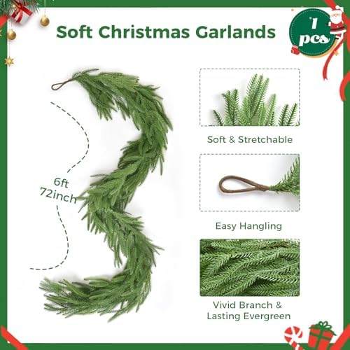 6 FT Christmas Norfolk Pine Garlands, Winter Decor Real Touch Pine Garland, Artificial Greenery Xmas Garland for Holiday, Table, Wall, Fireplace, Mantel, Indoor & Outdoor Decoration (1 Pack, 6 FT) - Image 3