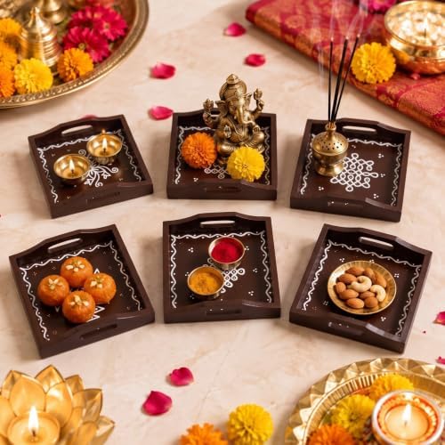 6 Pcs Diwali Table Tray with Handle Return Gift for Pooja, Brown, 5.9 Inch by Potchen
