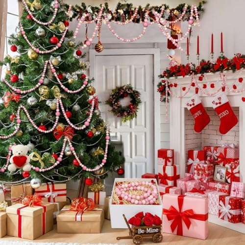 Bucherry 4 Pcs Christmas Wood Bead Garland 28.8 Feet, Pink, Natural - Image 6