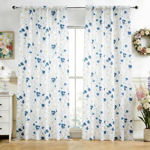 youleyar Floral Curtains 72 Inches Long for Living Room 2 Panels Printed Pattern Curtain Rod Pocket Spring Summer Watercolor Blue and White Floral Window Drapes for Girls Bedroom, 52" W x 72" L by Youleyar