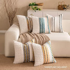 Boho Chenille Tufted Couch Throw Pillow Covers 18x18 Inch Set of 2 Farmhouse Striped Decorative Pillow Covers Accent Neutral Pillowcase Black Cushion Cover for Living Room Sofa Bed - Image 2