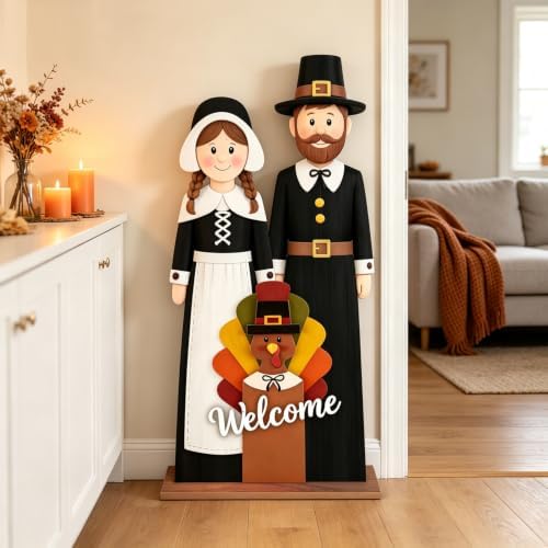 Fall Welcome Sign for Front Door, 36" Thanksgiving Pilgrim Couple with Turkey, Wooden Standing Sign, Autumn Front Porch Decor for Outdoor Indoor Yard Garden - Image 7